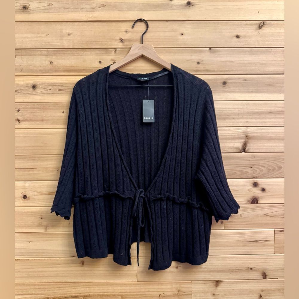 Black Ribbed Tie-Front Short Sleeve Cardigan